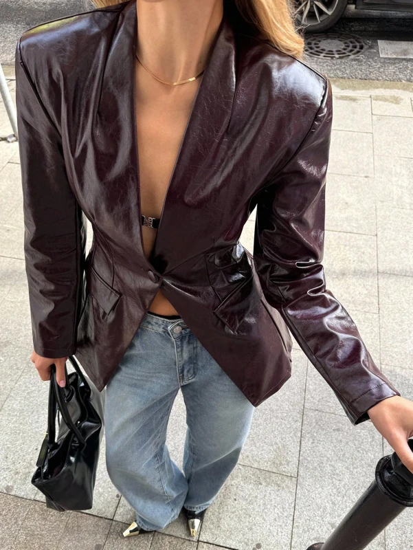 Autumn/Winter Fashion Solid Burgundy Leather Waist-Defining Blazer Burgundy Leather Blazer Stylish